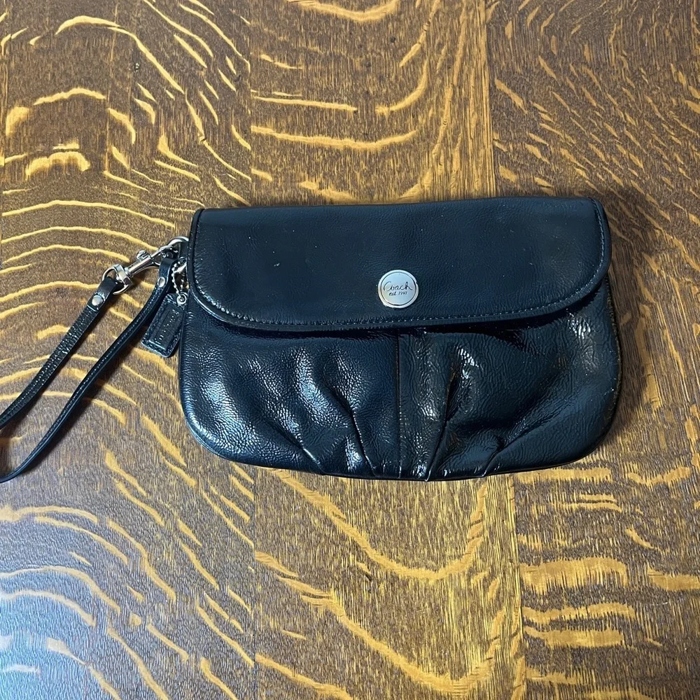 Coach Black Patent Leather Clutch Wristlet with Silver Accents